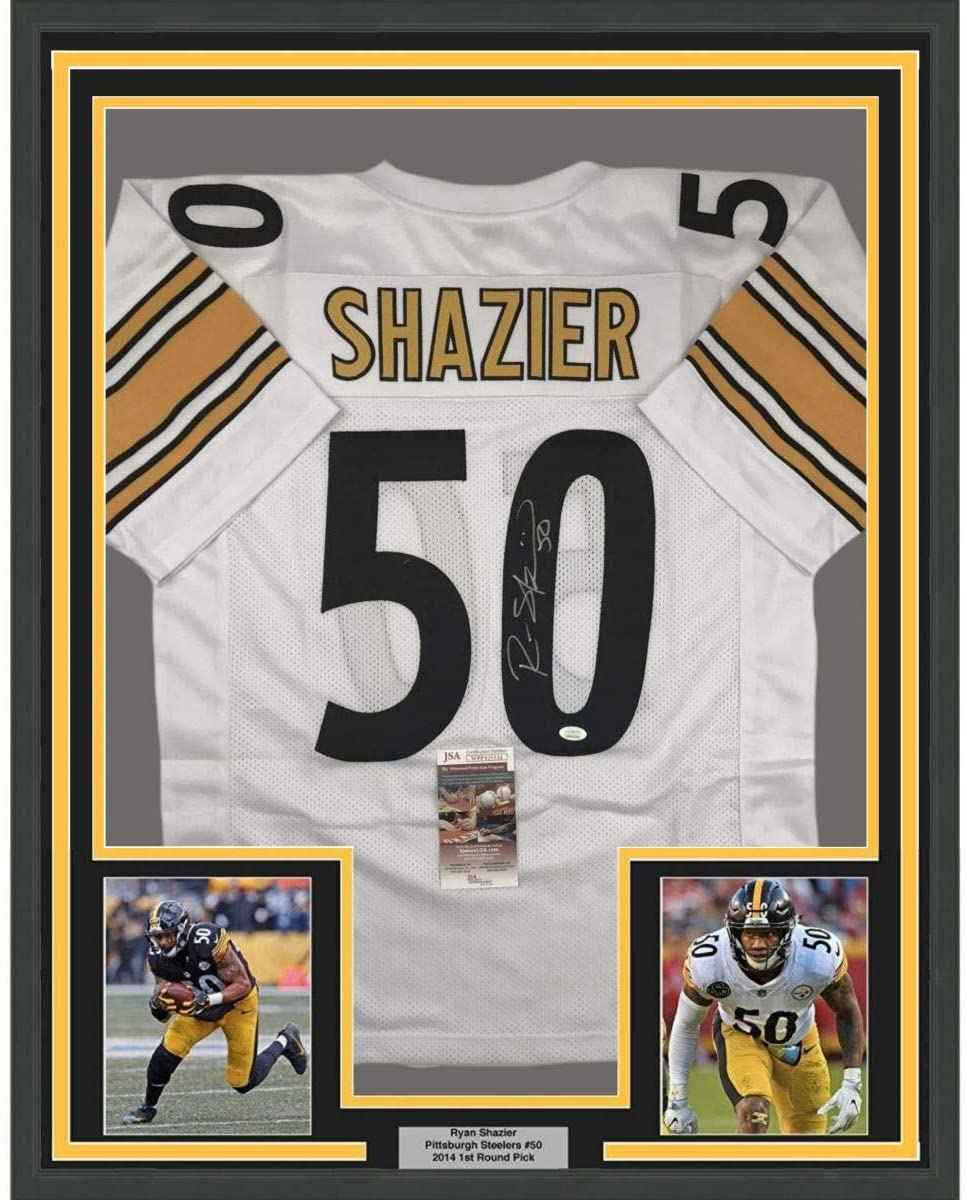 Framed Autographed/Signed Ryan Shazier 35x39 Pittsburgh White Football Jersey JSA COA