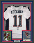 Framed Autographed/Signed Julian Edelman 35x39 New England White Football Jersey Beckett BAS COA