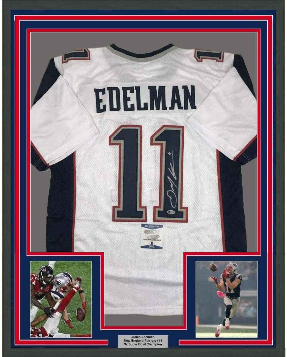 Framed Autographed/Signed Julian Edelman 35x39 New England White Football Jersey Beckett BAS COA