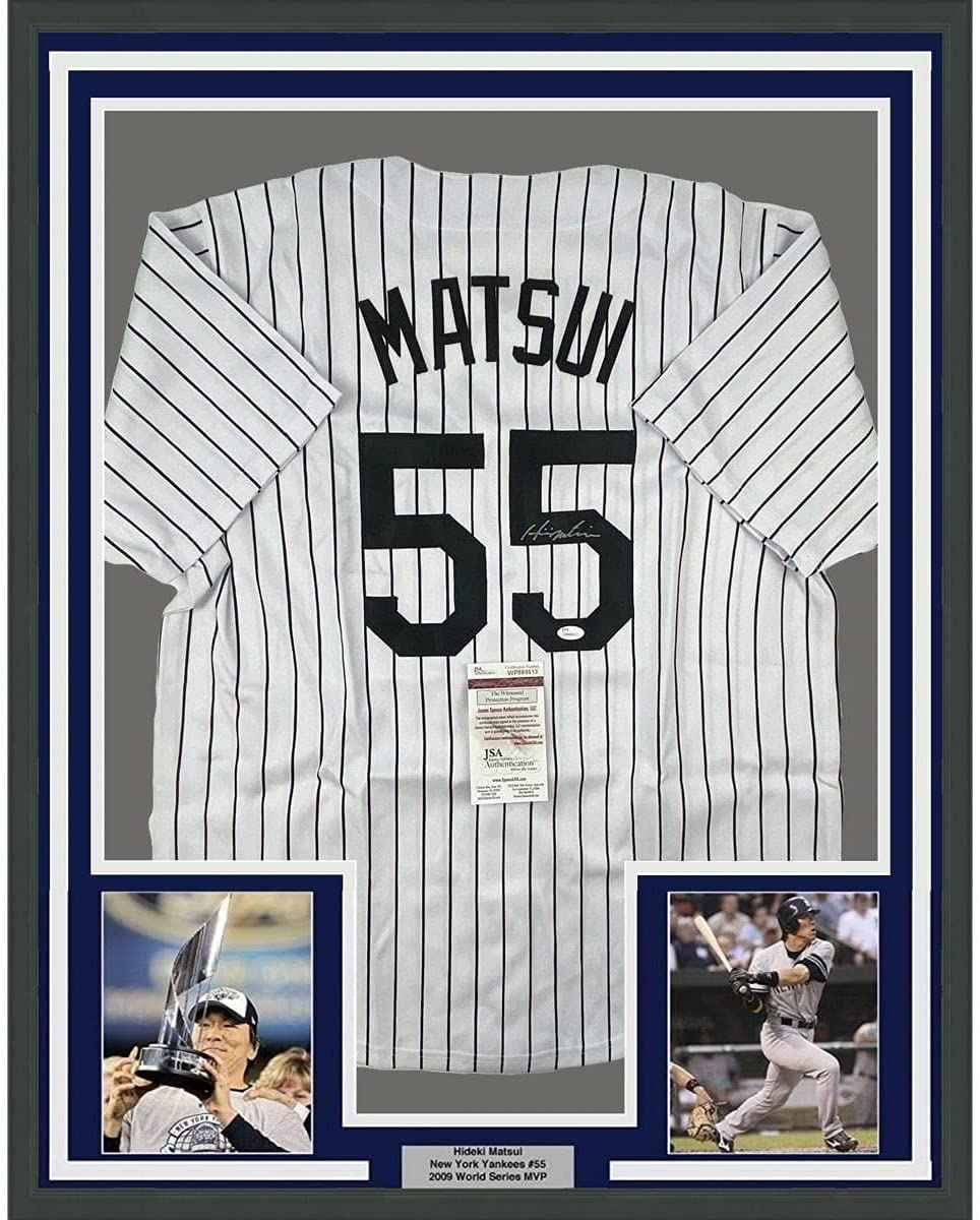 Framed Autographed/Signed Hideki Matsui 35x39 New York Pinstripe Baseball Jersey JSA COA