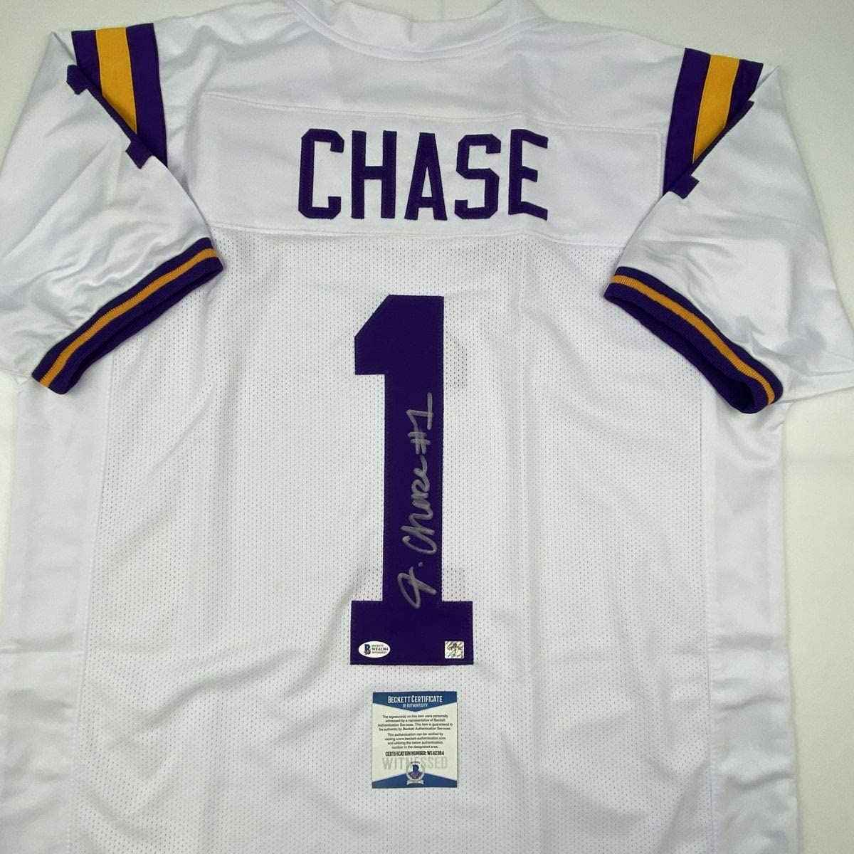 Autographed/Signed Ja'Marr Chase LSU White College Football Jersey Beckett BAS COA
