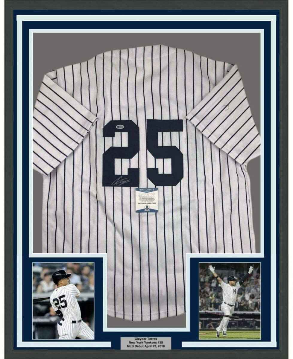 Framed Autographed/Signed Gleyber Torres 35x39 New York #25 Pinstripe Baseball Jersey Beckett BAS COA