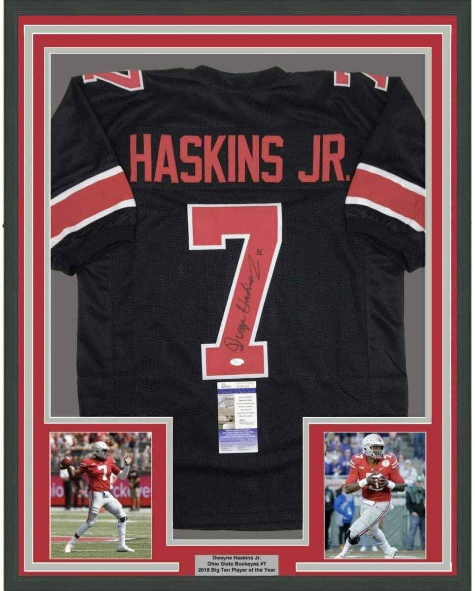 Framed Autographed/Signed Dwayne Haskins Jr. 35x39 Ohio State Black College Football Jersey JSA COA