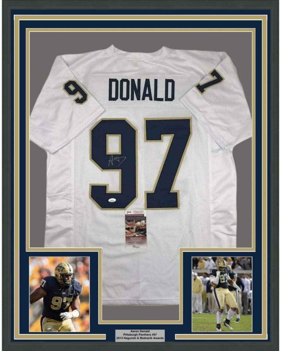 Framed Autographed/Signed Aaron Donald 35x39 Pittsburgh White College Football Jersey JSA COA