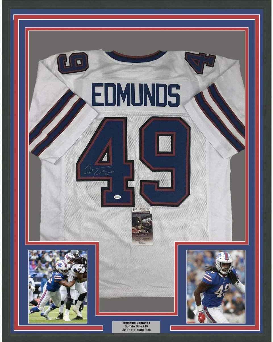 Framed Autographed/Signed Tremaine Edmunds 35x39 Buffalo White Football Jersey JSA COA