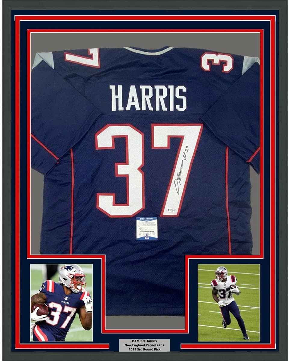Framed Autographed/Signed Damien Harris 35x39 New England Blue Football Jersey Beckett BAS COA