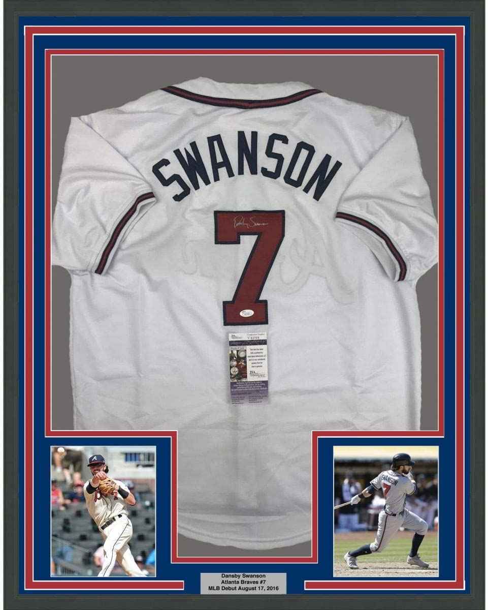 Framed Autographed/Signed Dansby Swanson 35x39 Atlanta White Baseball Jersey JSA COA