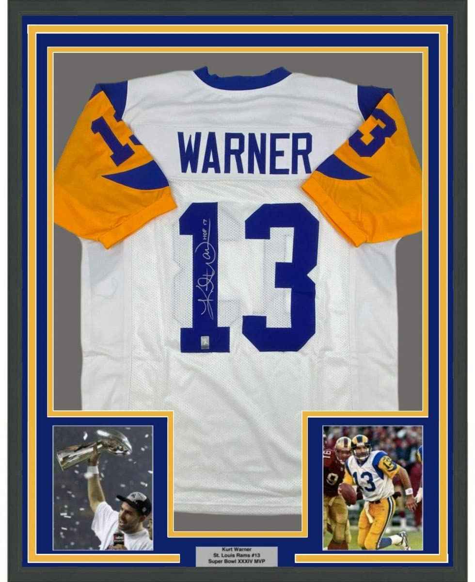 Framed Autographed/Signed Kurt Warner 35x39 St. Louis White Football Jersey GTSM COA