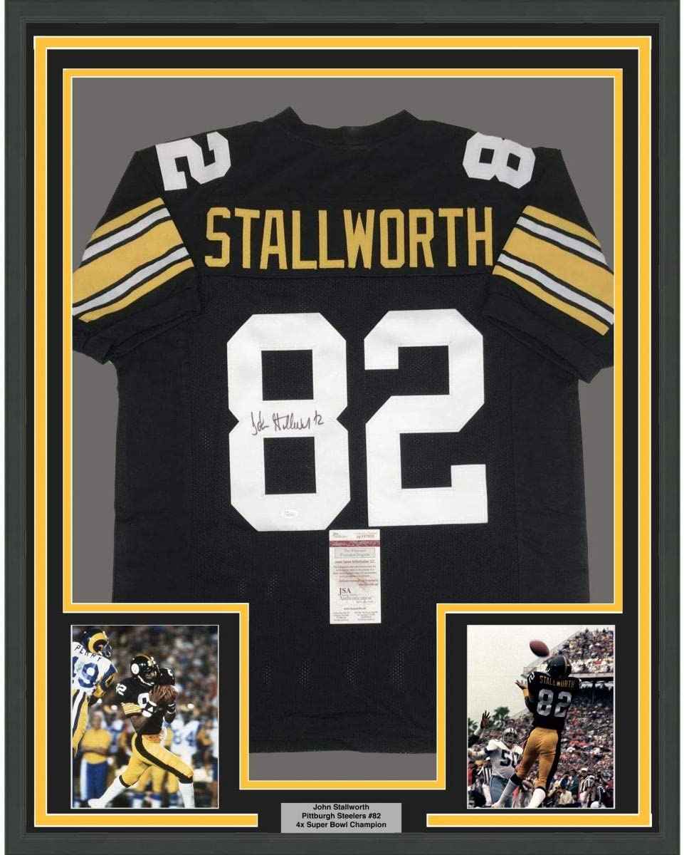 Framed Autographed/Signed John Stallworth 35x39 Pittsburgh Black Football Jersey JSA COA