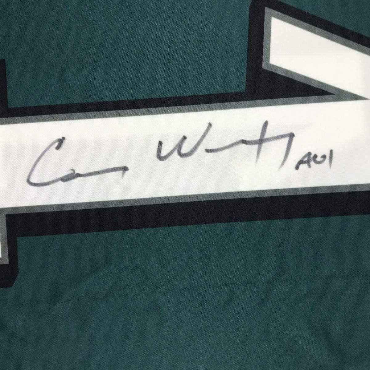 Framed Autographed/Signed Carson Wentz 35x39 Philadelphia Eagles Green Nike Dri Fit Football Jersey Fanatics COA