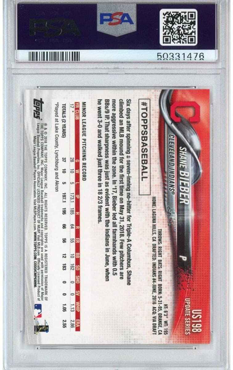 Graded 2018 Topps Update Shane Bieber #US198 Ball At Waist Rookie RC Baseball Card PSA 10 Gem Mint