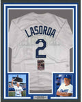 Framed Autographed/Signed Tommy Tom Lasorda 35x39 Los Angeles LA White Baseball Jersey JSA COA