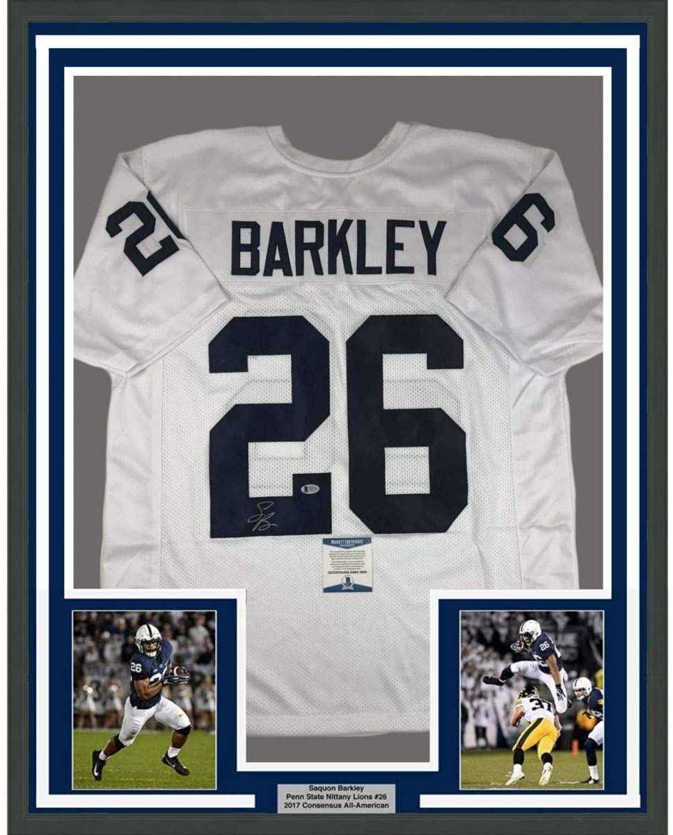 Framed Autographed/Signed Saquon Barkley 35x39 Penn State White College Football Jersey Beckett BAS COA
