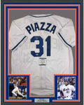 Framed Autographed/Signed Mike Piazza 35x39 New York NY White Baseball Jersey Beckett BAS COA