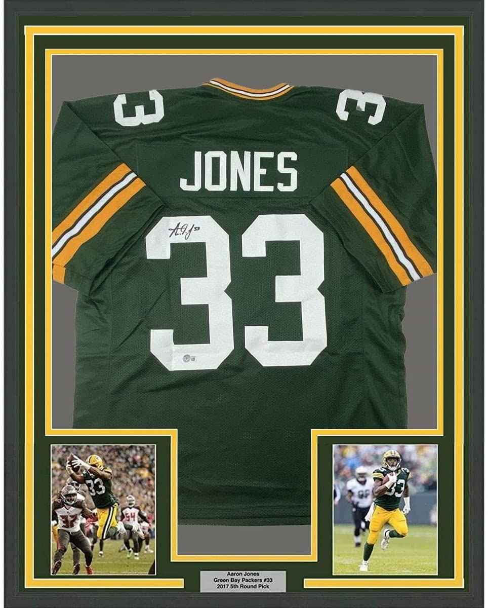 Framed Autographed/Signed Aaron Jones 35x39 Green Bay Green Football Jersey Beckett BAS COA
