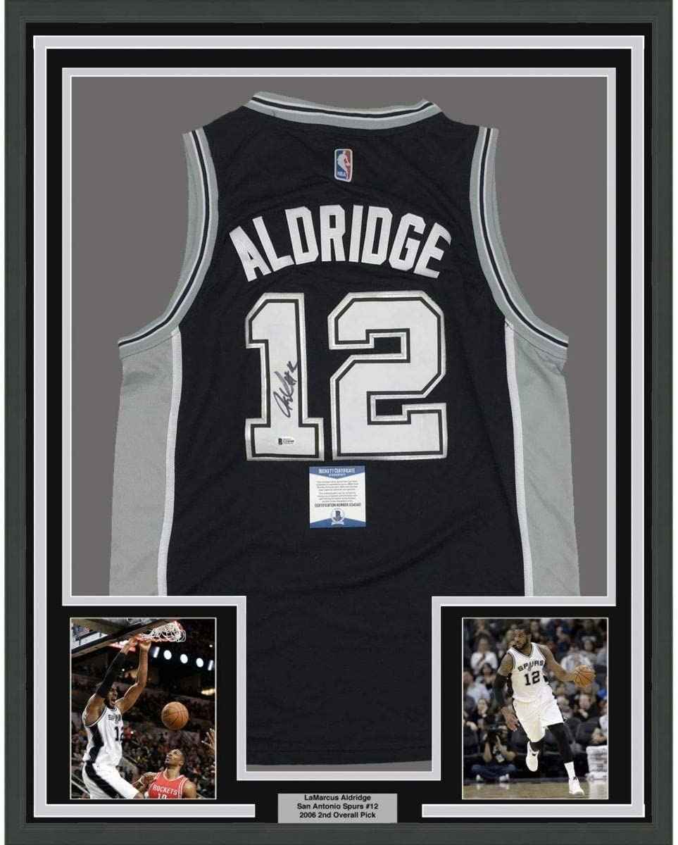 Framed Autographed/Signed LaMarcus Aldridge 35x39 San Antonio Black Basketball Jersey Beckett BAS COA