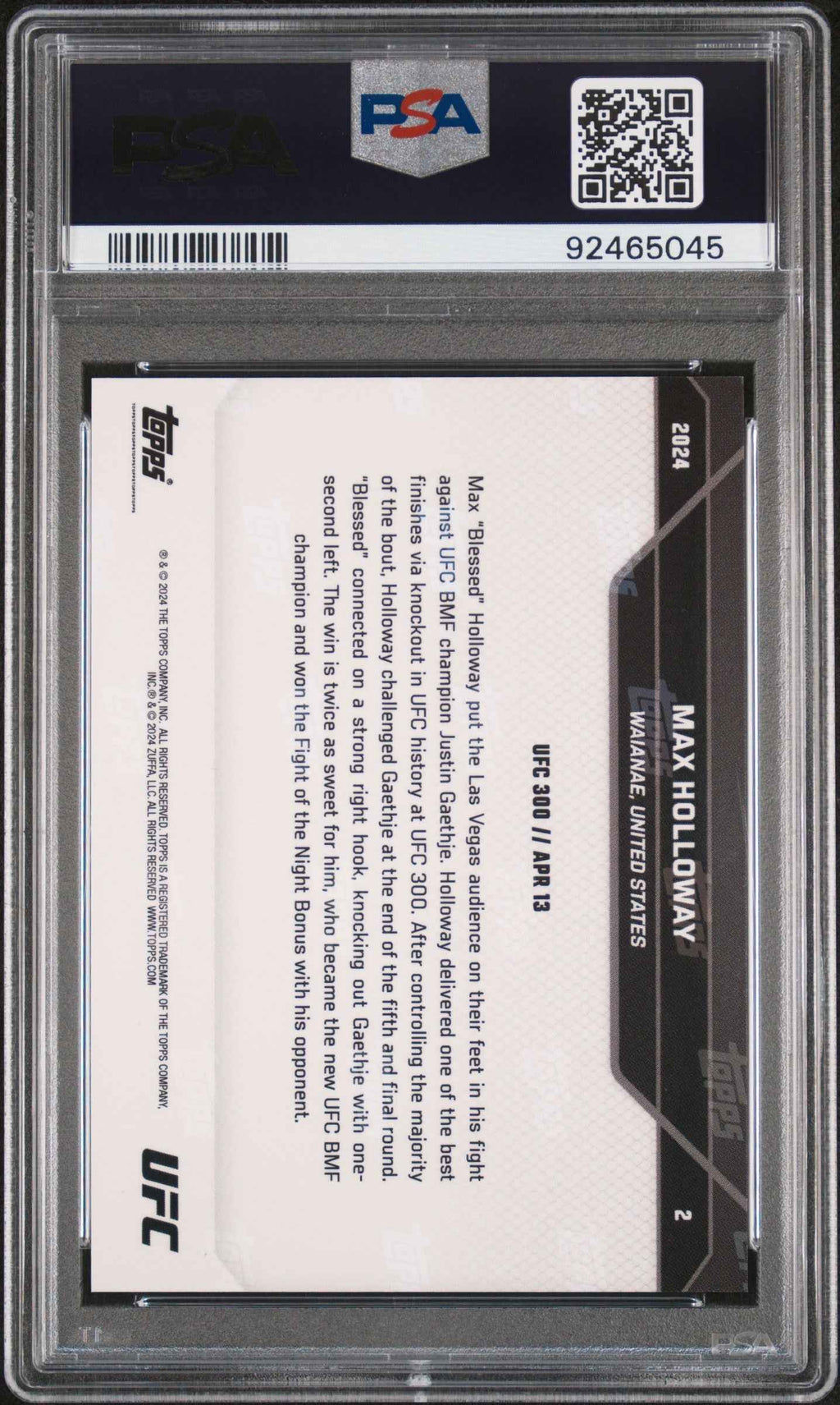Graded 2024 Topps Now Max Holloway #2 BMF Knockout UFC MMA Card PSA 10 Gem Mint