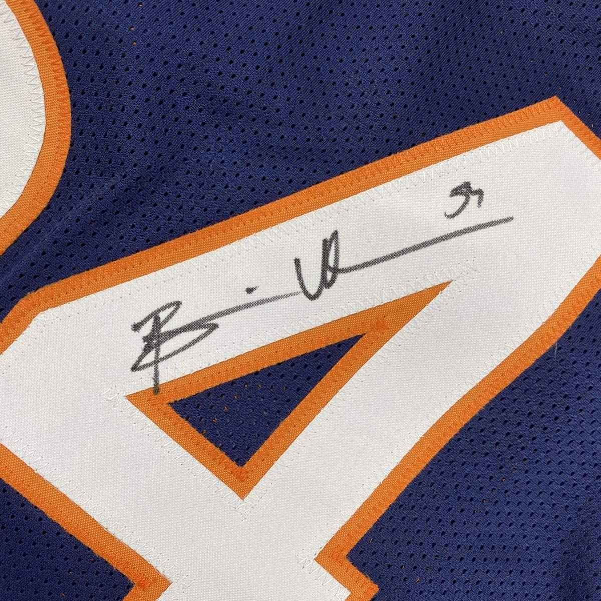 Framed Autographed/Signed Brian Urlacher 35x39 Chicago Bears Blue Football Jersey Beckett BAS COA