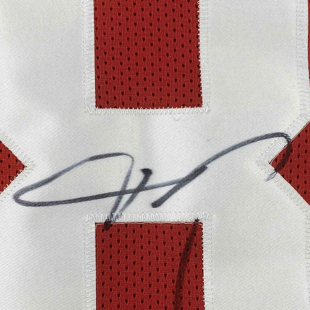 Framed Autographed/Signed Vernon Davis 35x39 San Francisco Red Football Jersey Beckett BAS COA