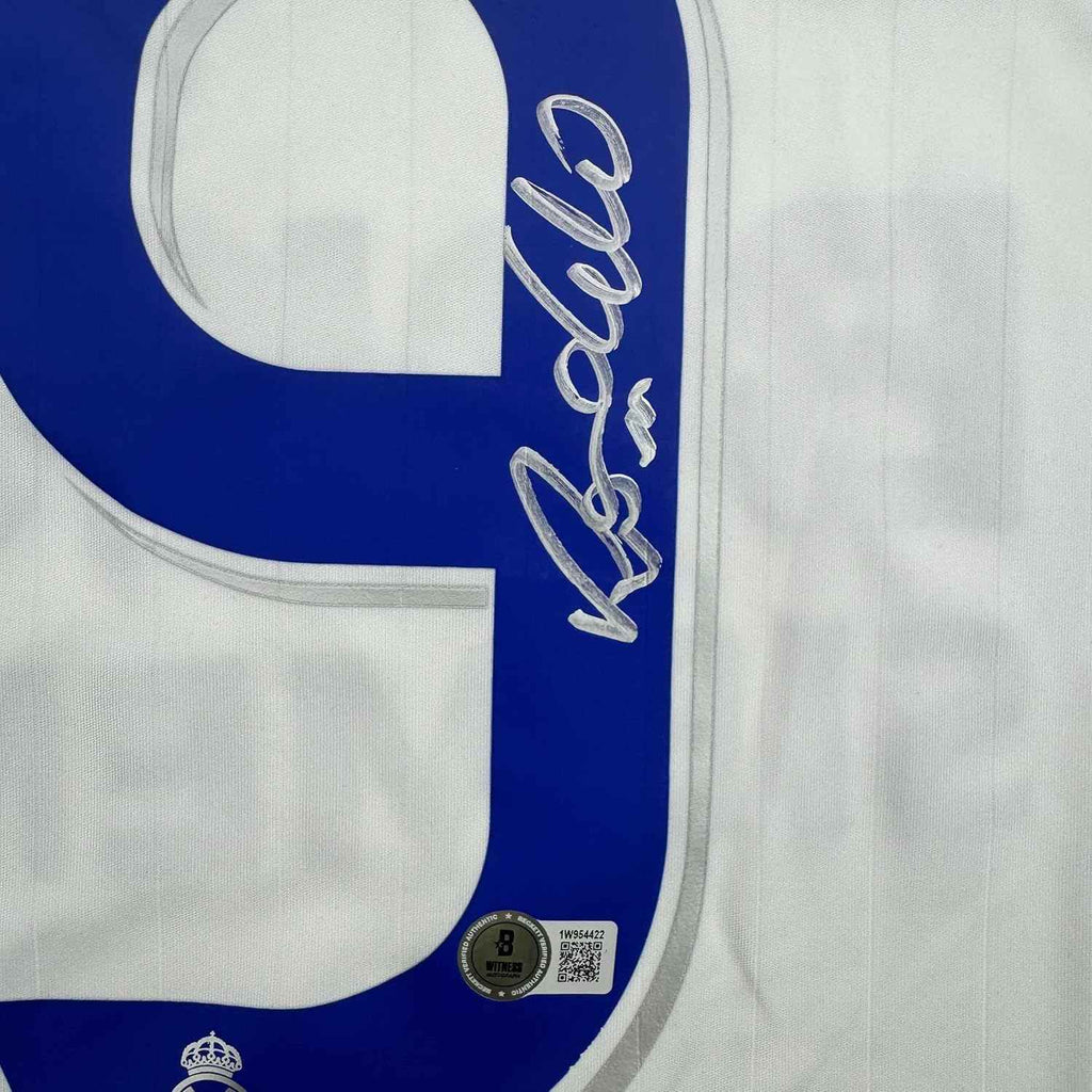 Framed Autographed/Signed Ronaldo Nazario 35x39 Real Madrid White Soccer Jersey Beckett BAS COA