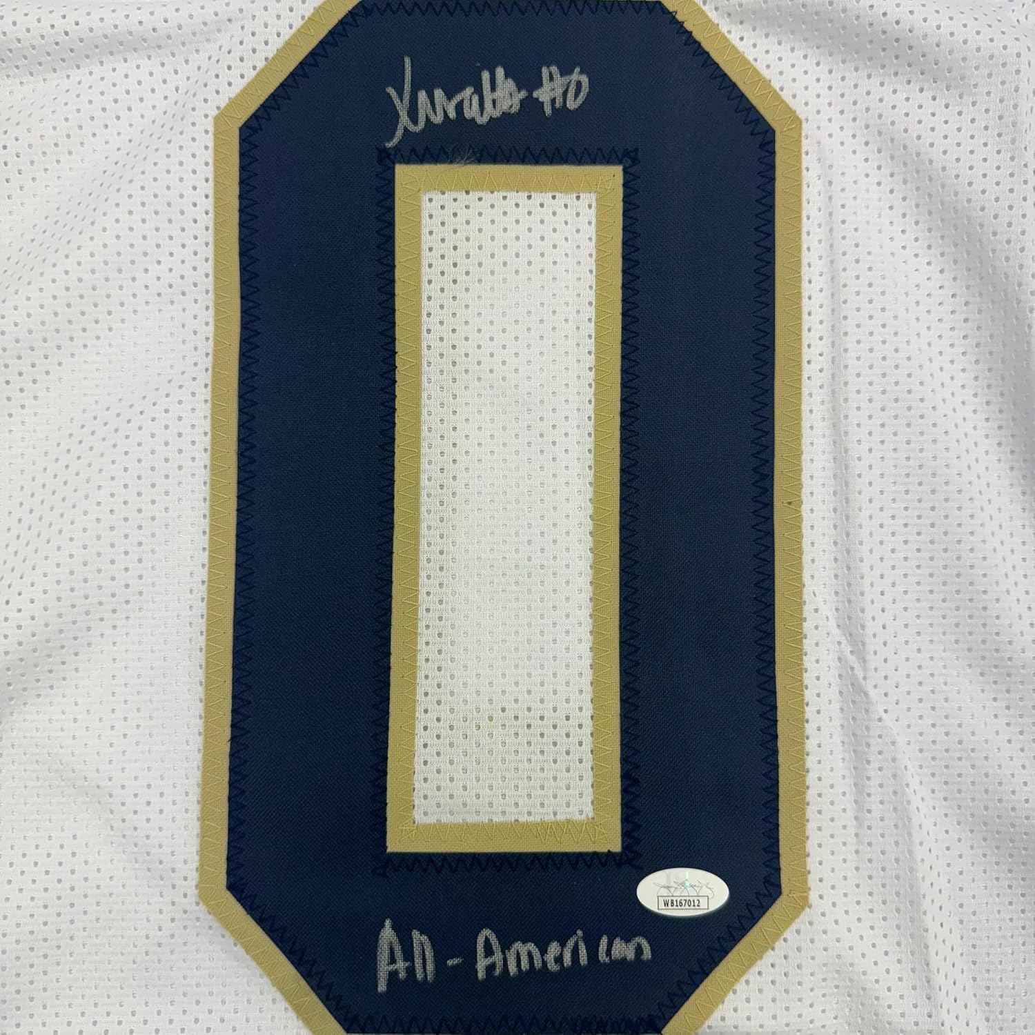 Framed Autographed/Signed Xavier Watts All-American 35x39 Notre Dame White College Football Jersey JSA COA