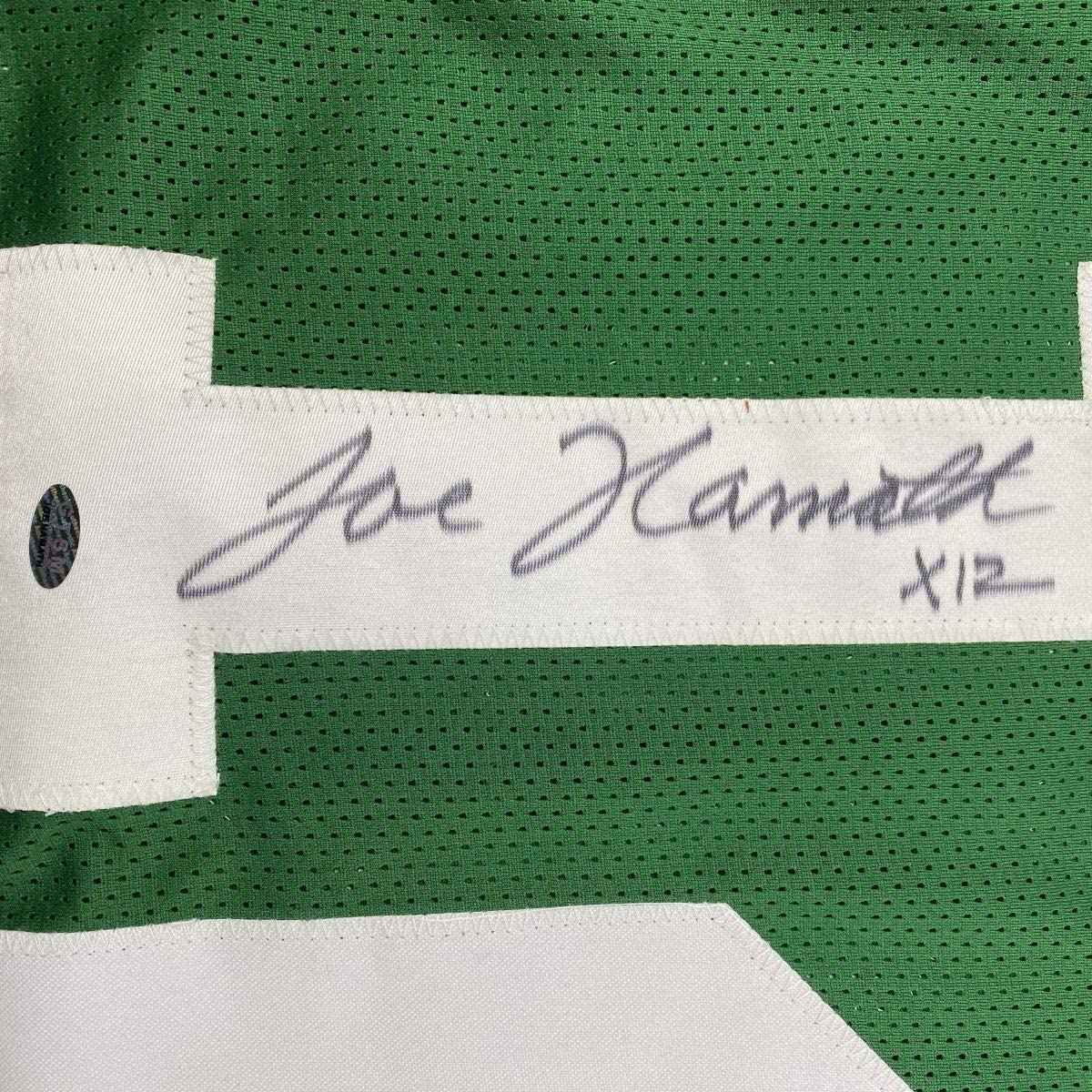 Framed Autographed/Signed Joe Namath 35x39 New York Green Football Jersey GTSM COA Holo Only