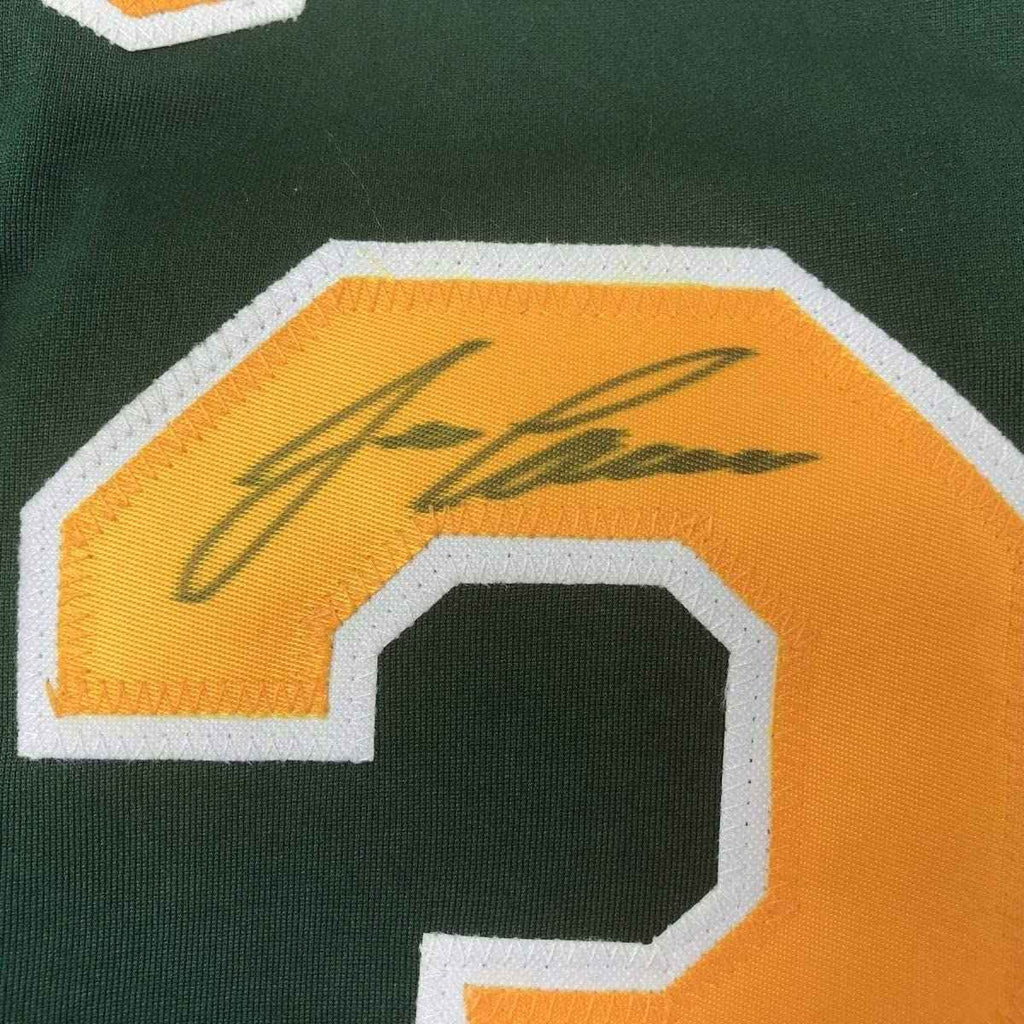 Framed Autographed/Signed Jose Canseco 35x39 Oakland Dark Green Baseball Jersey JSA COA