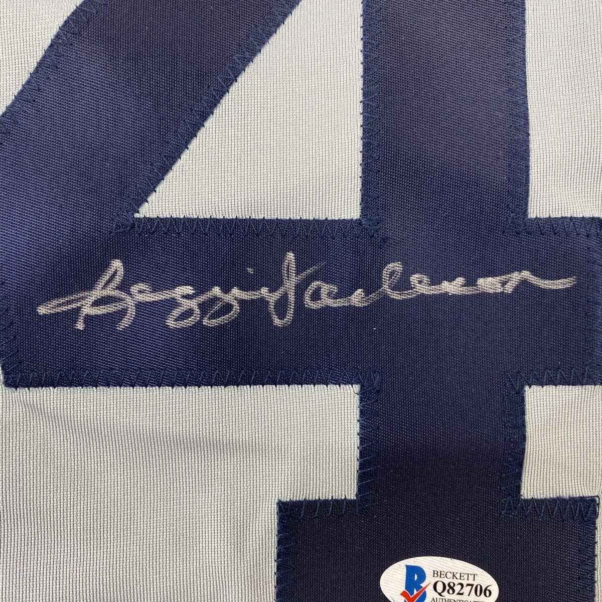 Framed Autographed/Signed Reggie Jackson 35x39 New York Grey Baseball Jersey Beckett BAS COA