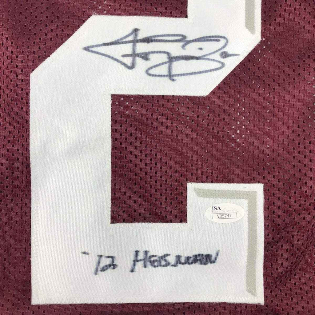 Framed Autographed/Signed Johnny Manziel 12 Heisman 35x39 Texas A&M Maroon College Football Jersey JSA COA