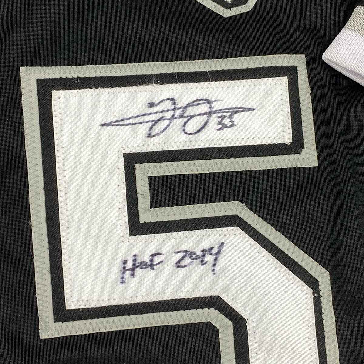 Framed Autographed/Signed Frank Thomas HOF 2014 35x39 Chicago Black Baseball Jersey JSA COA