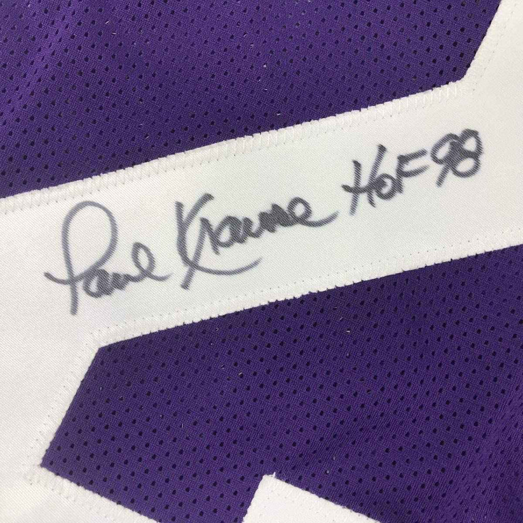 Framed Autographed/Signed Paul Krause HOF 98 35x39 Minnesota Purple Football Jersey JSA COA
