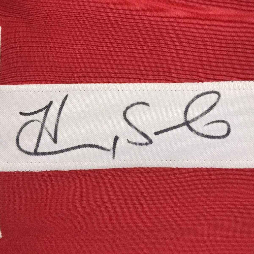 Framed Autographed/Signed Hope Solo 35x39 Red/White/Blue Soccer Team USA World Cup Jersey JSA COA