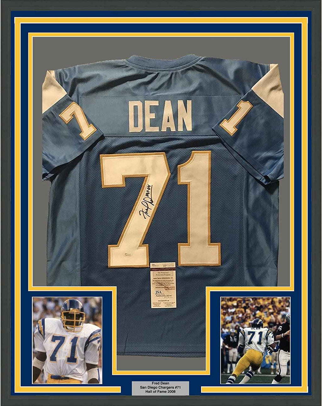 Framed Autographed/Signed Fred Dean HOF 08  35x39 San Diego Chargers Powder Blue Football Jersey JSA COA