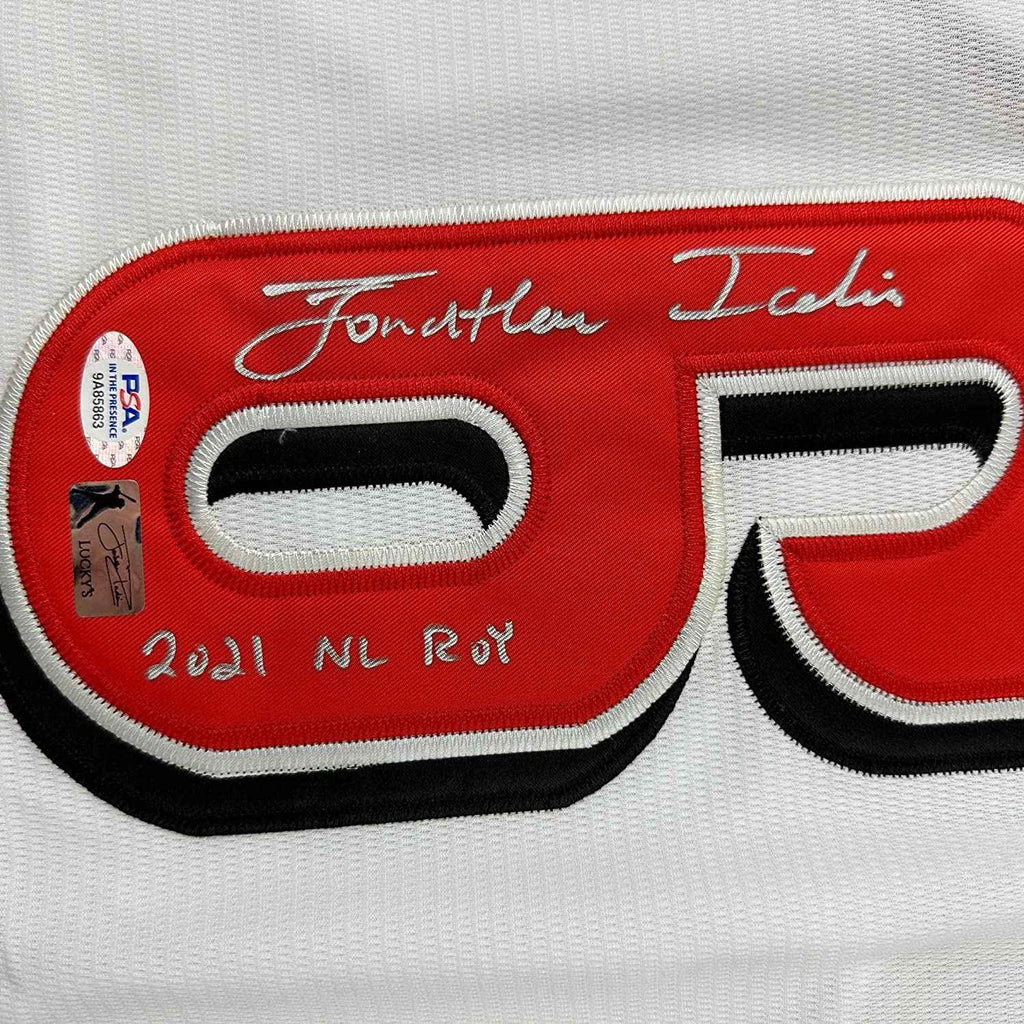 Framed Autographed/Signed Jonathan India 35x39 2021 NL ROY Cincinnati White Baseball Jersey JSA COA