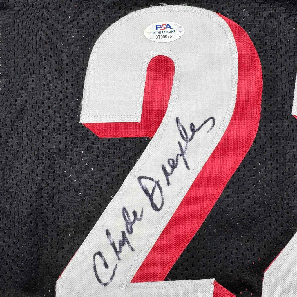 Framed Autographed/Signed Clyde Drexler 35x39 Portland Black Basketball Jersey PSA COA