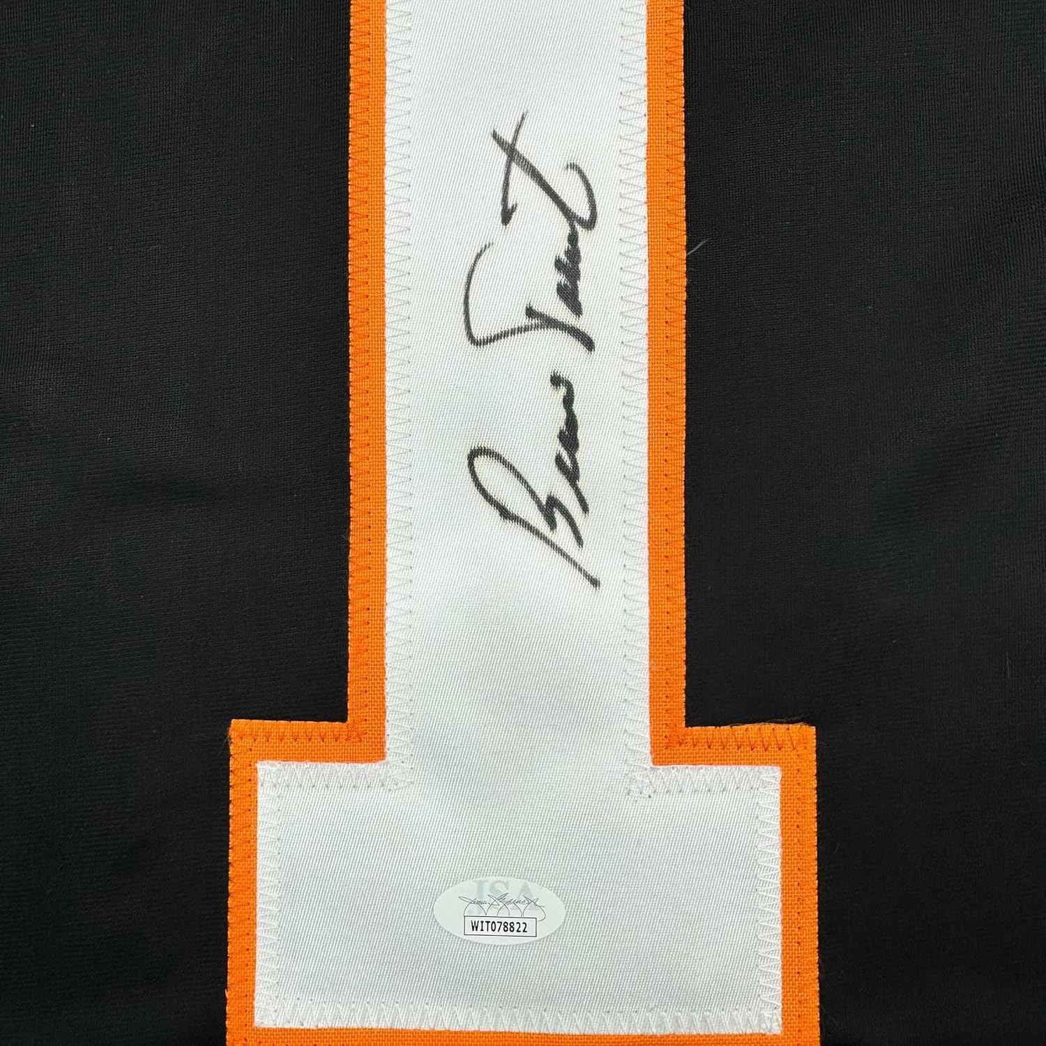 Framed Autographed/Signed Bernie Parent 35x39 Philadelphia Black Hockey Jersey JSA COA