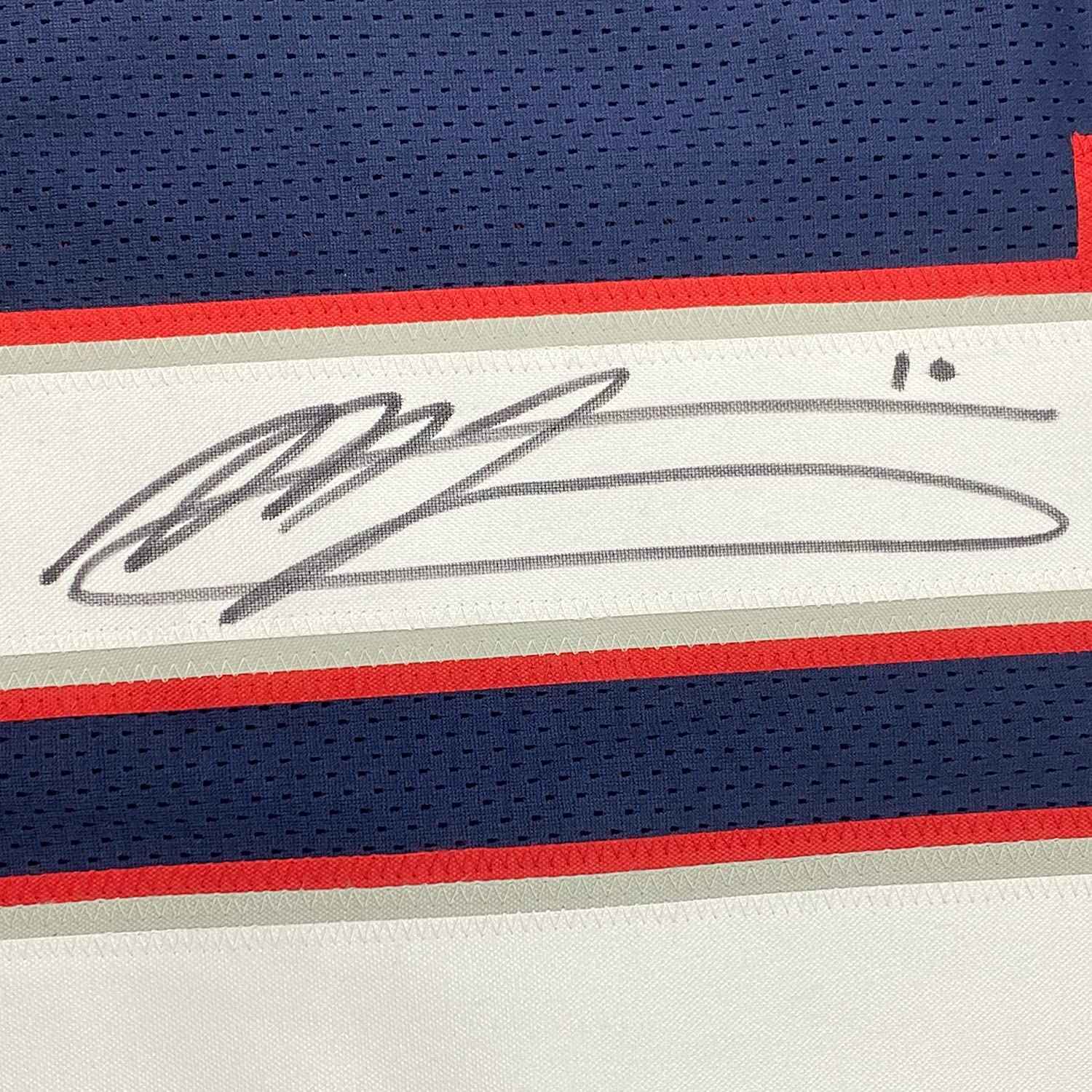 Framed Autographed/Signed Mac Jones 35x39 New England Blue Football Jersey Beckett BAS COA