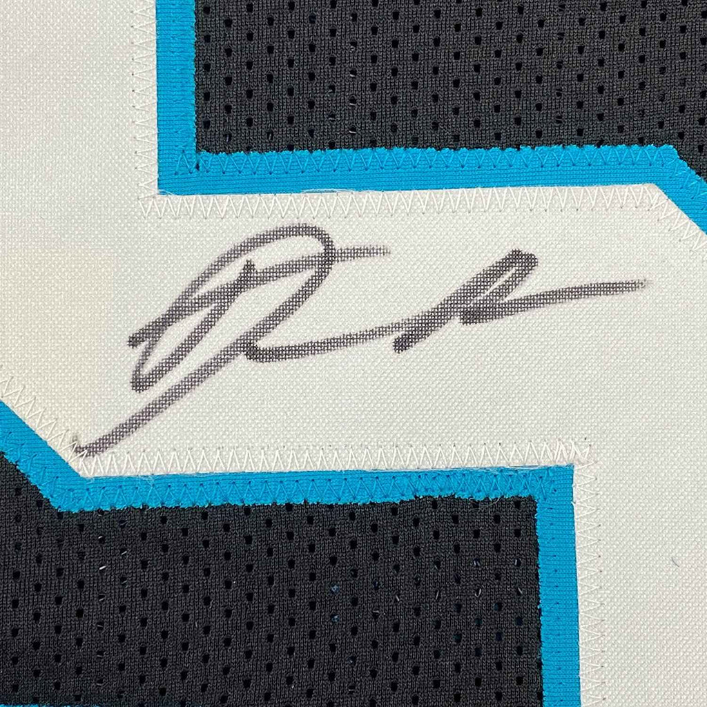 Framed Autographed/Signed Derrick Brown 35x39 Carolina Black Football Jersey JSA COA