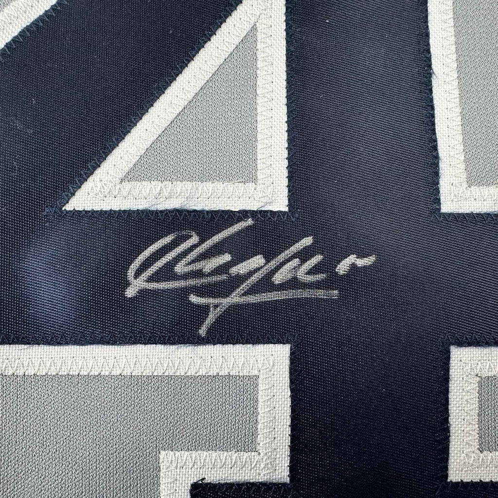 Framed Autographed/Signed Aroldis Chapman 35x39 New York Grey Baseball Jersey Beckett BAS COA