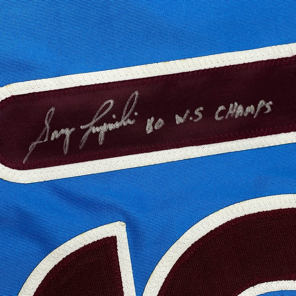 Framed Autographed/Signed Greg Luzinski 35x39 80 WS Champs Philadelphia Retro Blue Baseball Jersey JSA COA