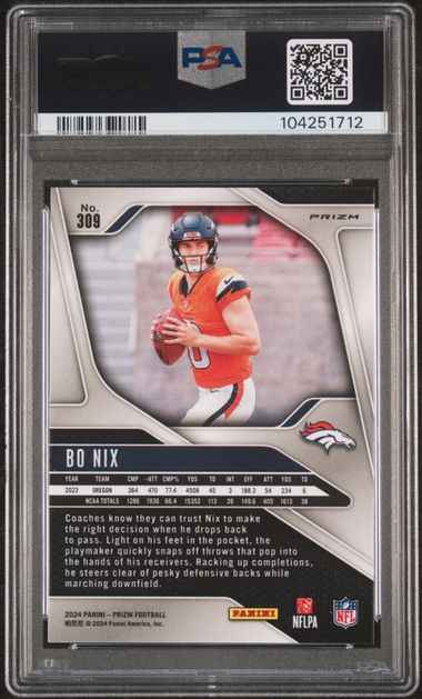 Graded 2024 Panini Prizm Bo Nix #309 Silver Prizm Rookie RC Football Card PSA 10 Gem Mint