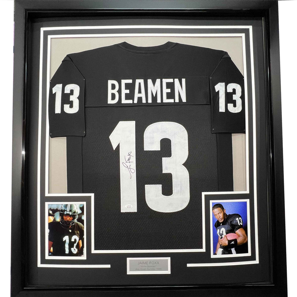 Framed Autographed/Signed Jamie Foxx Willie Beamen 35x39 Any Given Sunday Black Football Jersey JSA COA