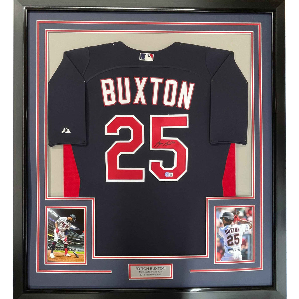 Framed Autographed/Signed Byron Buxton 35x39 Minnesota Twins Dark Blue Majestic Baseball Jersey JSA COA