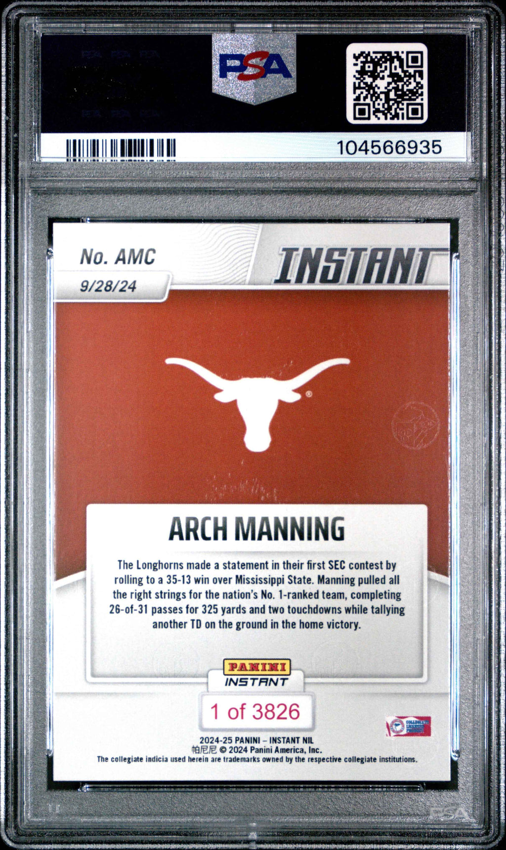 Graded 2024 Panini Instant NIL Arch Manning #AMC Rookie RC Football Card PSA 10 Gem Mint
