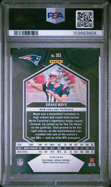 Graded 2024 Panini Mosaic Drake Maye #303 Reactive Yellow Rookie RC Football Card PSA 10 Gem Mint