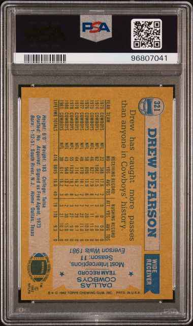 Graded 1982 Topps Drew Pearson #321 Football Card PSA 9 Mint