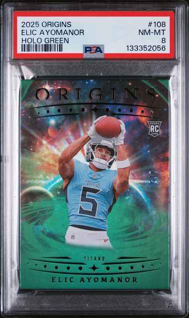 2025 Panini Origins Holo Green Elic Ayomanor #108 1/5 Rookie RC Football Card PSA 8 NM-MT