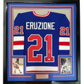 Framed Autographed/Signed Mike Eruzione 35x39 Blue 1980 Miracle On Ice United States Hockey Jersey JSA COA