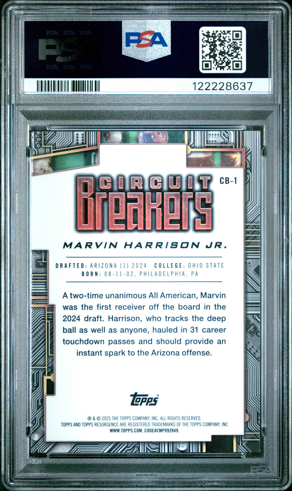 Graded 2024 Topps Resurgence Marvin Harrison Jr #CB1 Circuit Breakers Teal Surge /150 Rookie RC Football Card PSA 10 Gem Mint