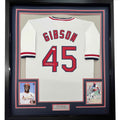 Framed Autographed/Signed Bob Gibson 35x39 St. Louis White Baseball Jersey JSA COA